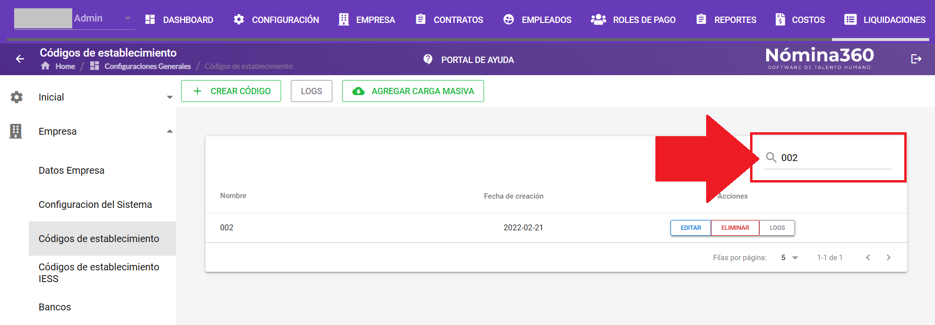 Listado con un código de establecimiento seleccionado