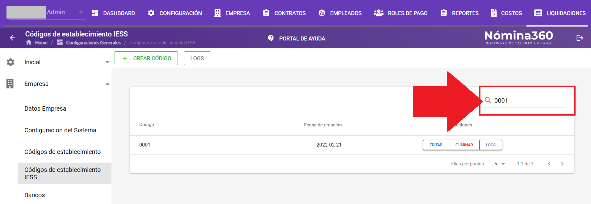 Listado con un código seleccionado para eliminar