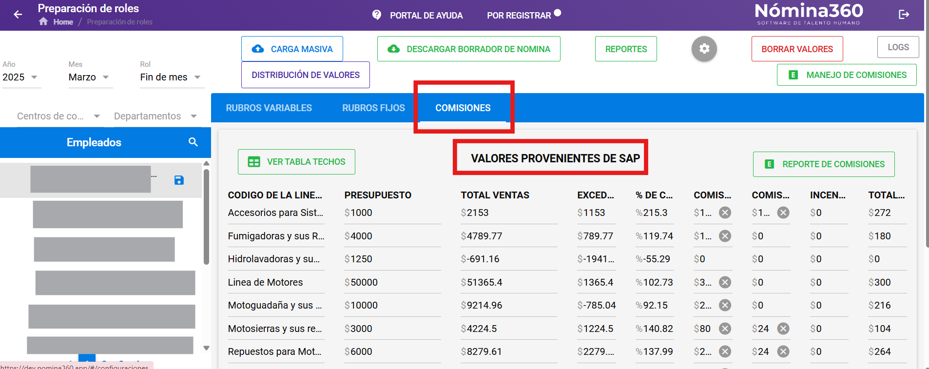 Detalle de comisiones por colaborador