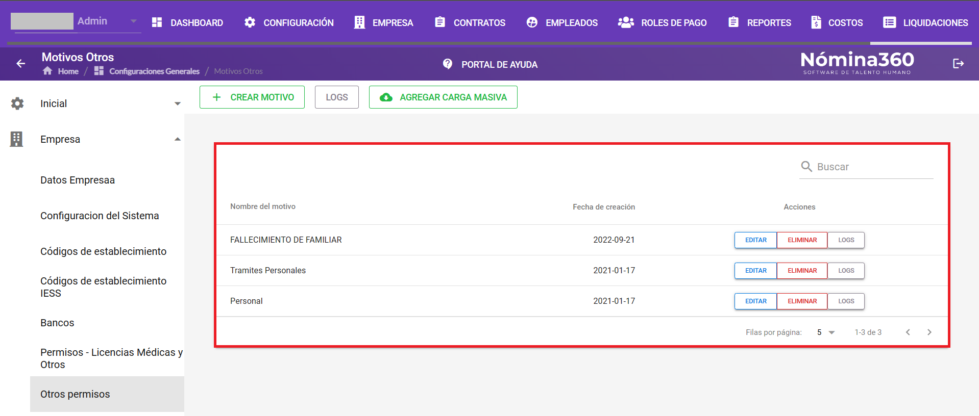Listado con un permiso seleccionado para eliminar