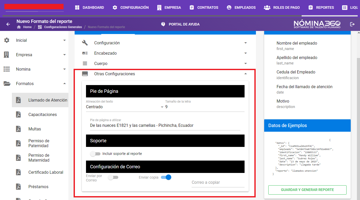 Sección Otras Configuraciones del formato de anticipos