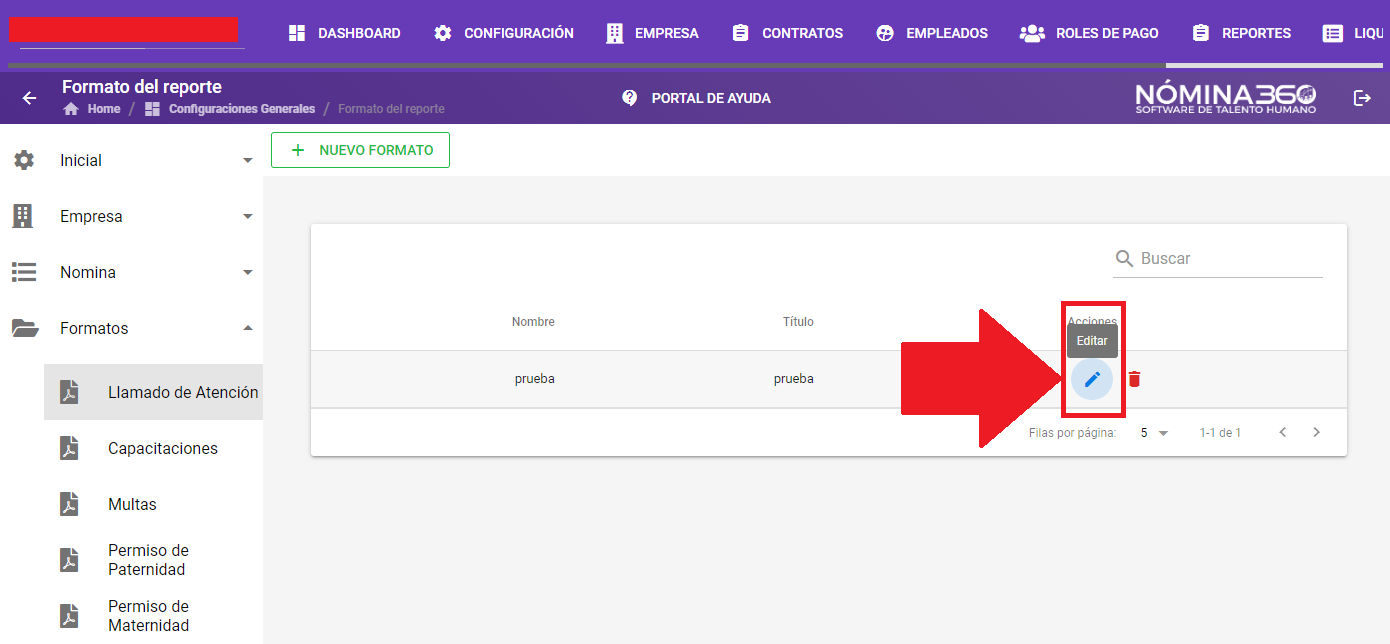 Listado de formatos de anticipos con la acción Editar