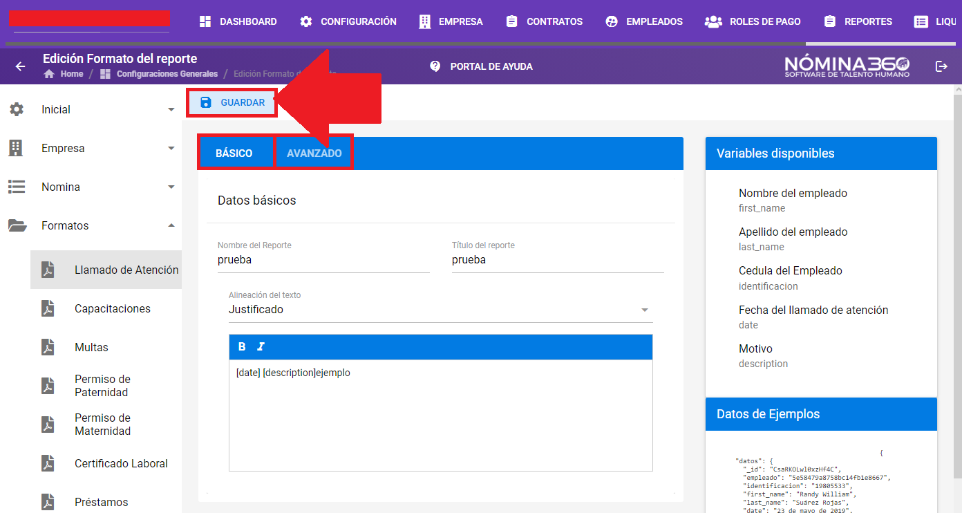Editor del formato de anticipos con el botón Guardar