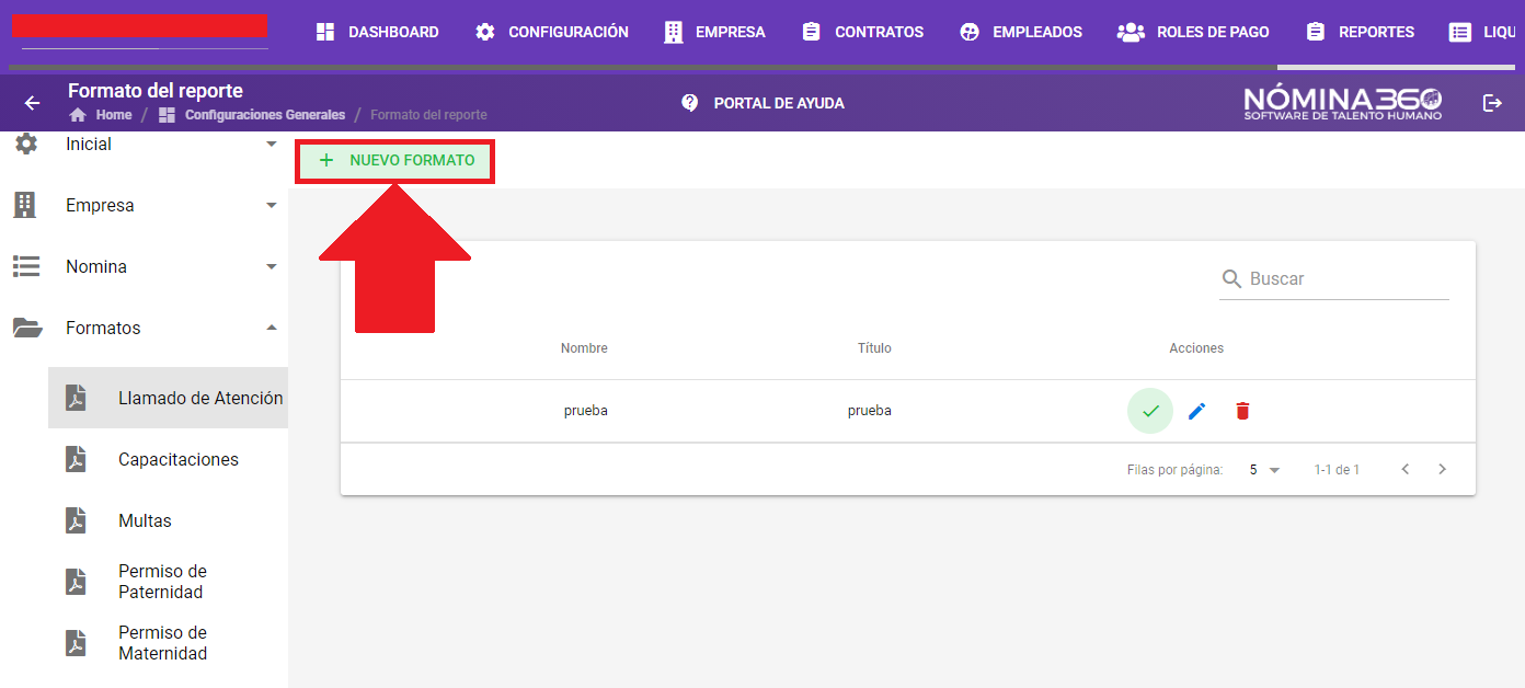 Botón + Nuevo Formato en la pantalla de Multas