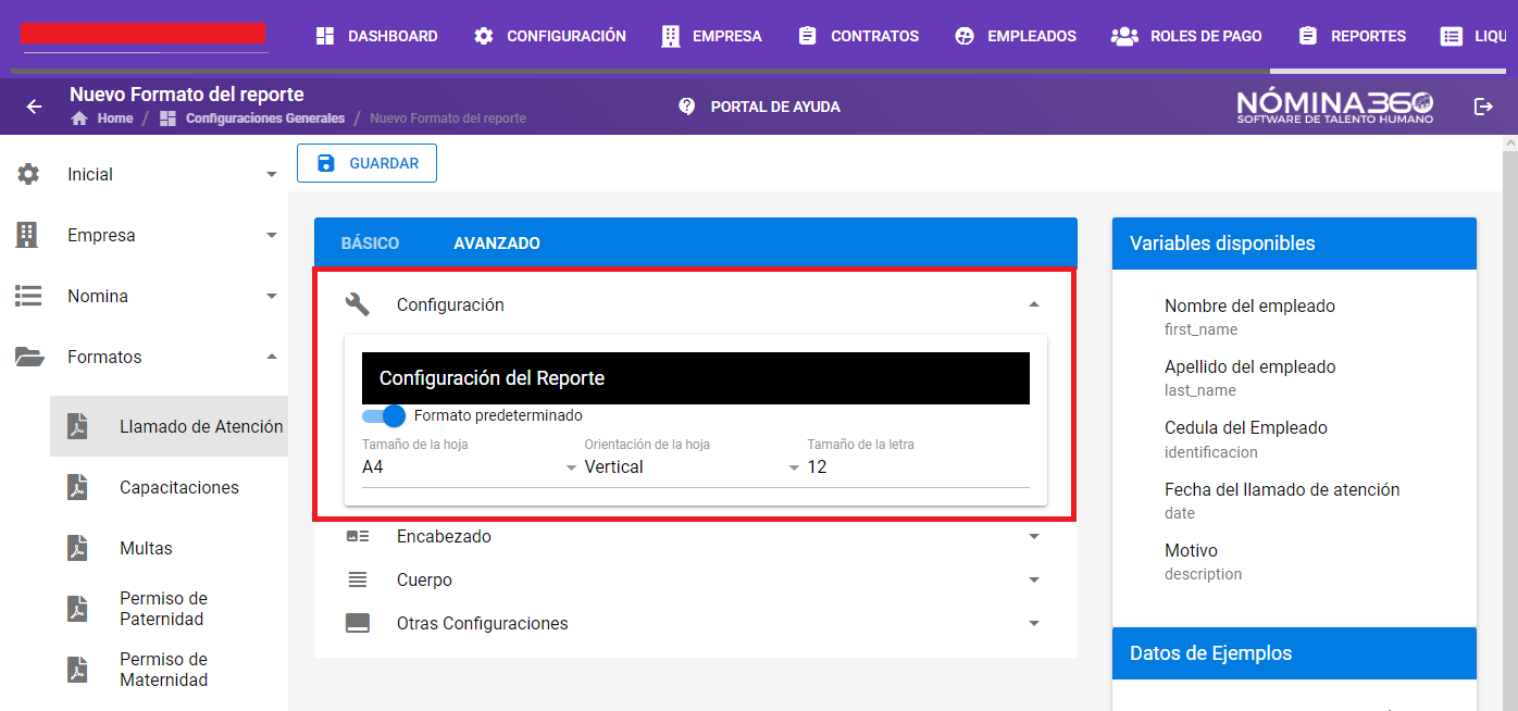 Sección Configuración del formato