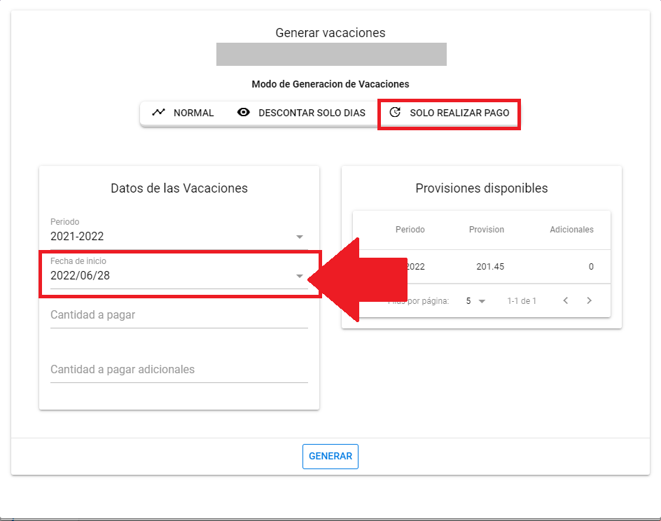 Selector de Fecha de inicio del pago de vacaciones