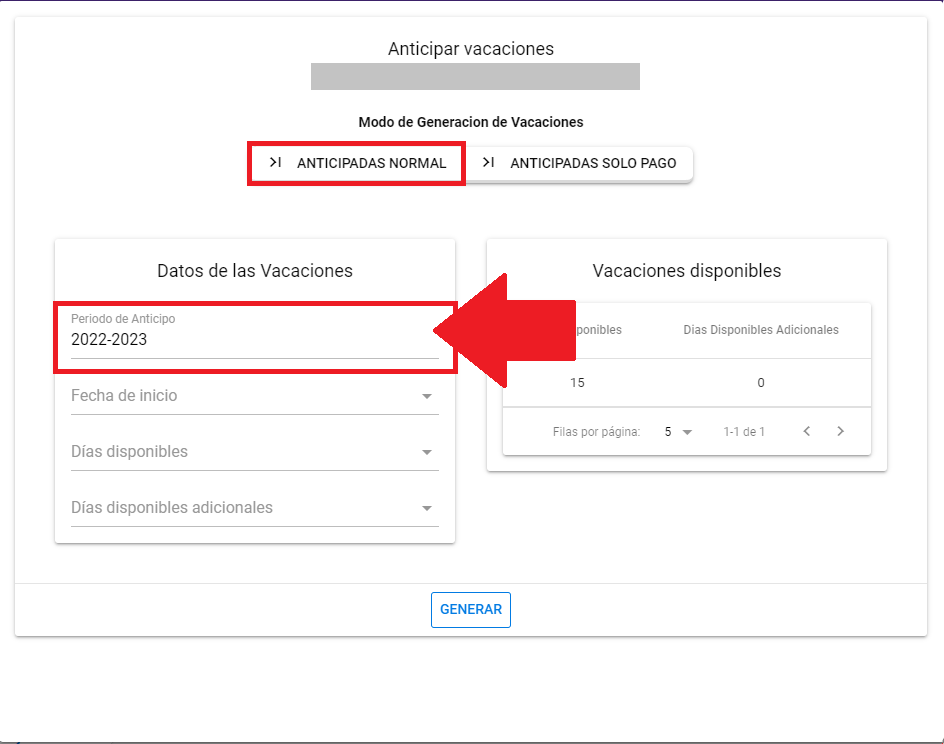 Campo Período de Anticipo en la pantalla de anticipar vacaciones normales