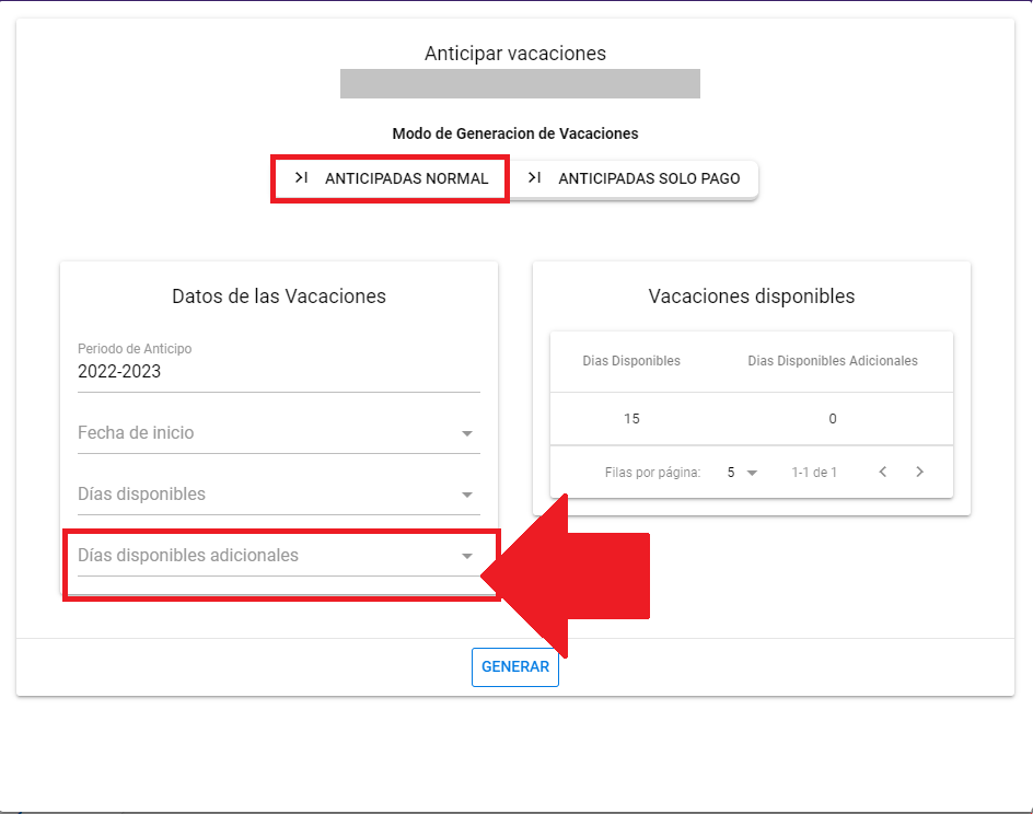 Selección de Días disponibles adicionales para anticipar
