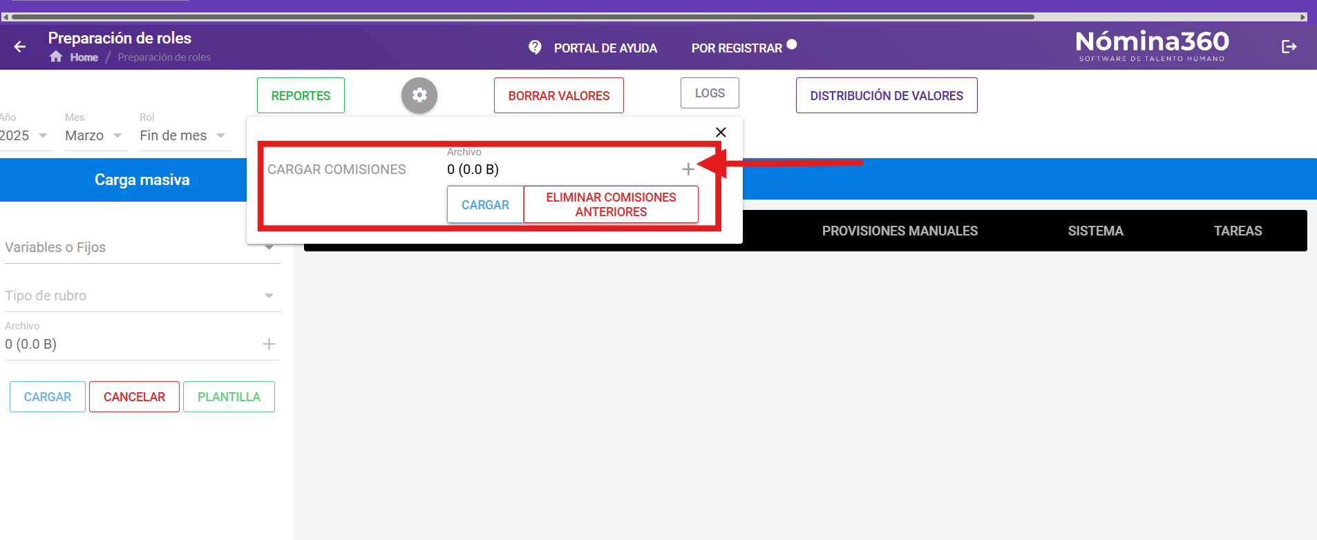Pantalla de carga masiva con la opción Manejo de Comisiones