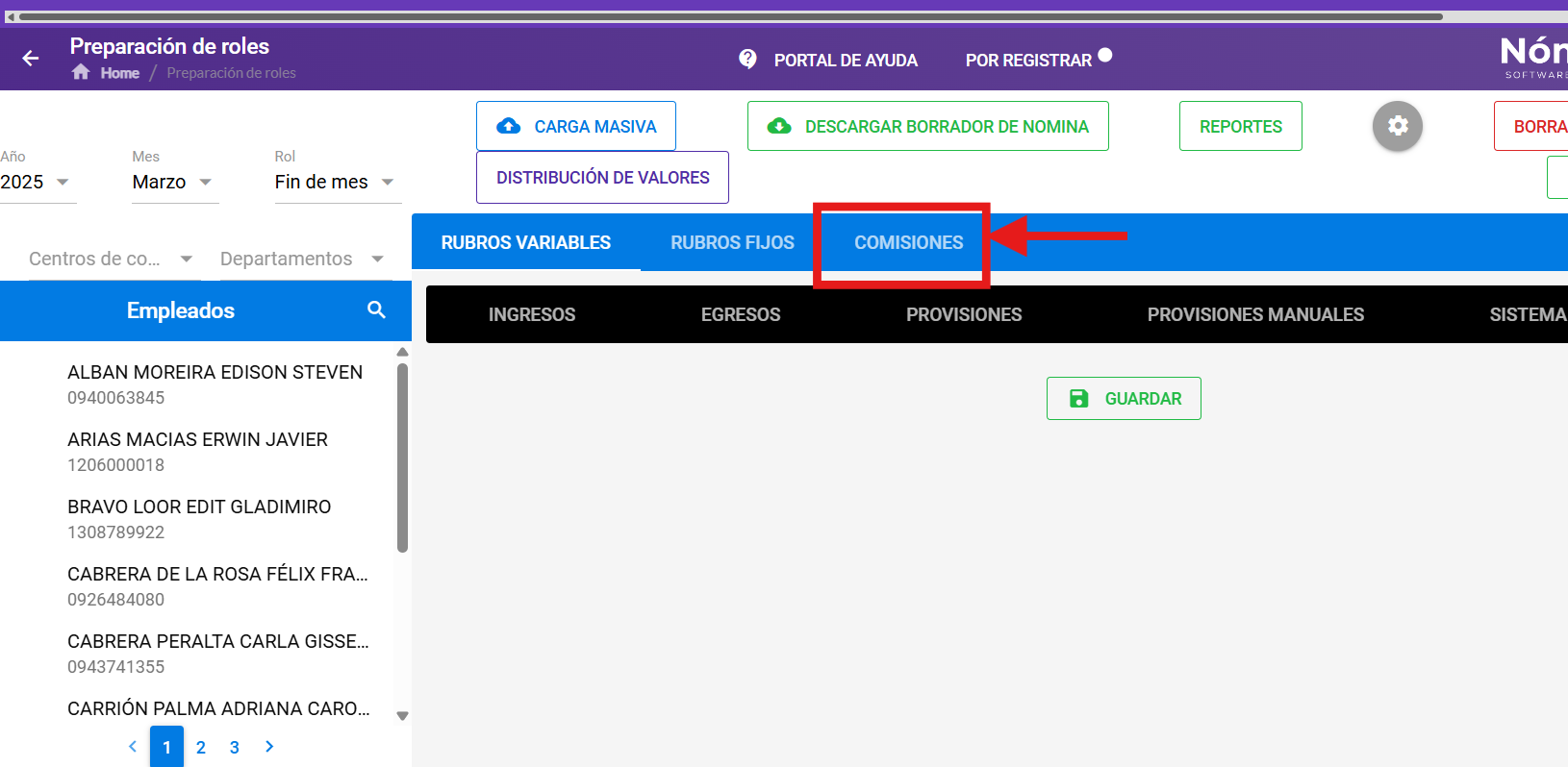 Botón Comisiones y selector de colaborador en la pantalla de gestión