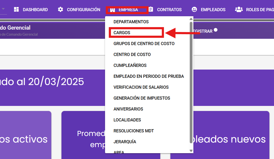 Acceso al menú EMPRESA y opción CARGOS