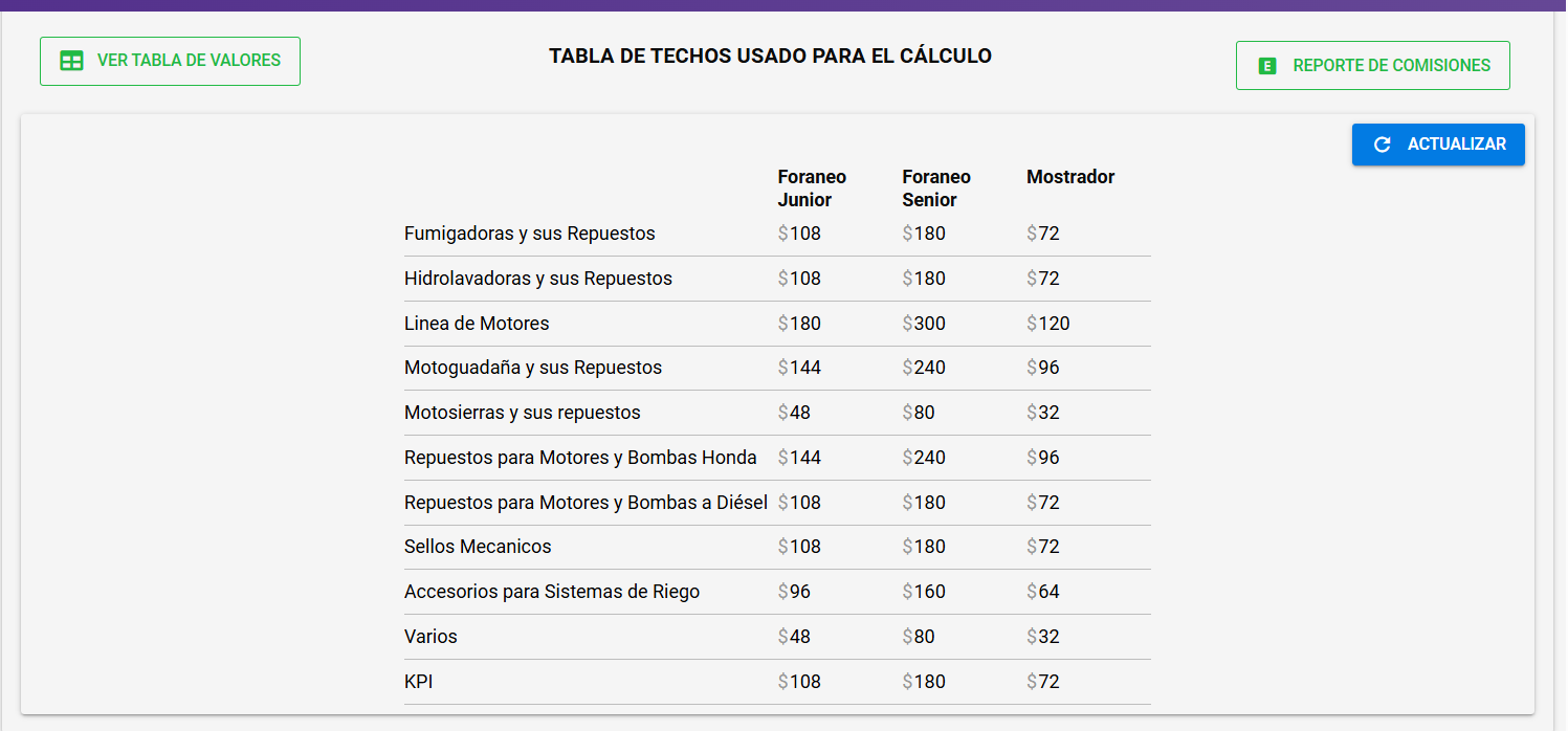Tabla de techos con los valores configurados para el cálculo
