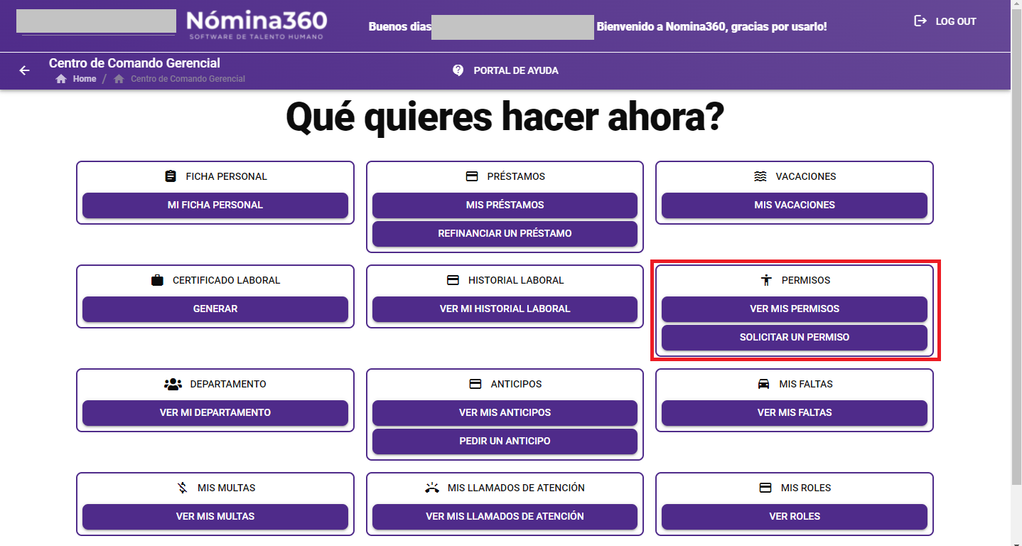 Opción Solicitar un permiso en la sección Permisos del menú
